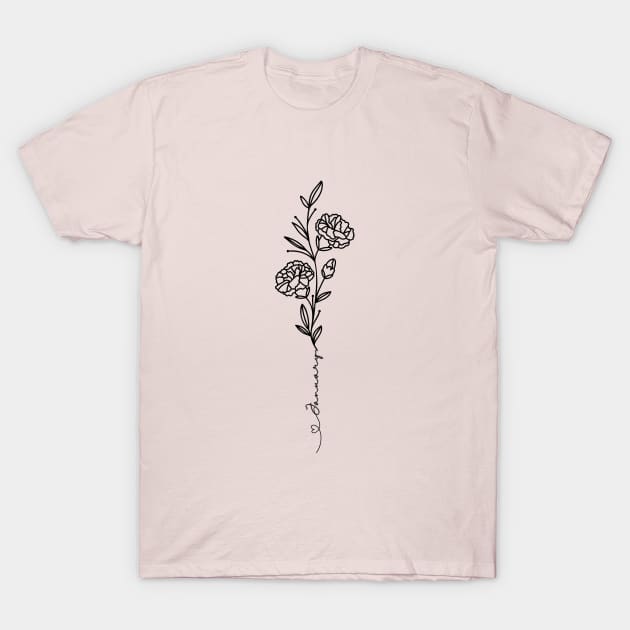 Minimalist Line Art  Drawing Carnation January Birth Flower T-Shirt by Tina